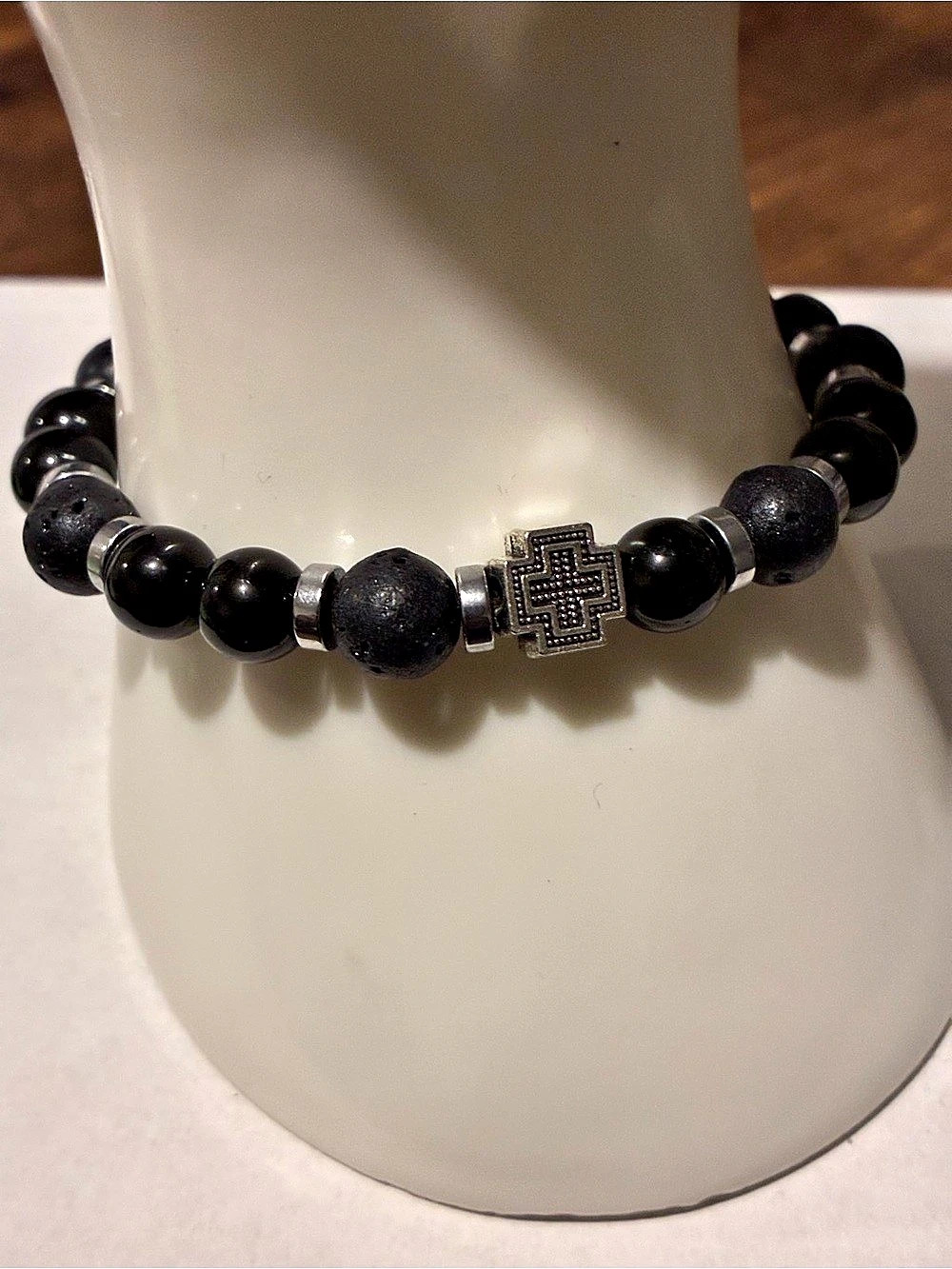 Lava Stone Black Beaded Cross Bracelet